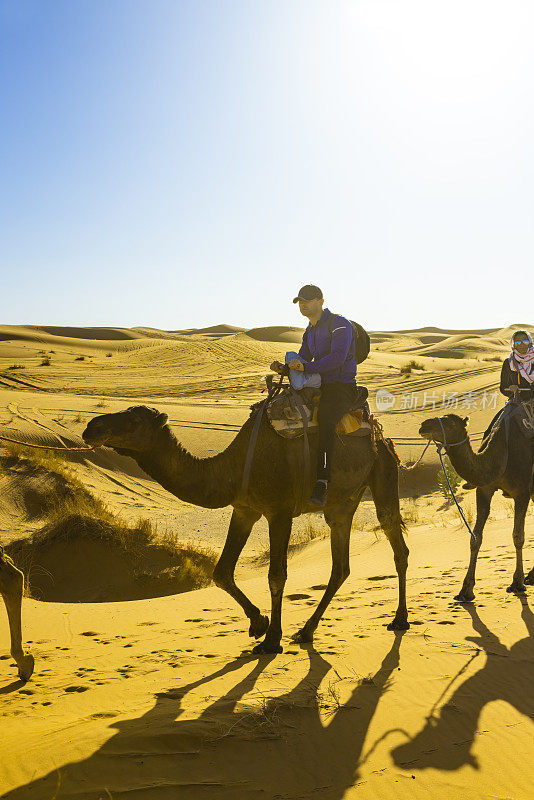 在沙漠中骑骆驼的游客，Merzouga, Erg Chebbi，撒哈拉，摩洛哥